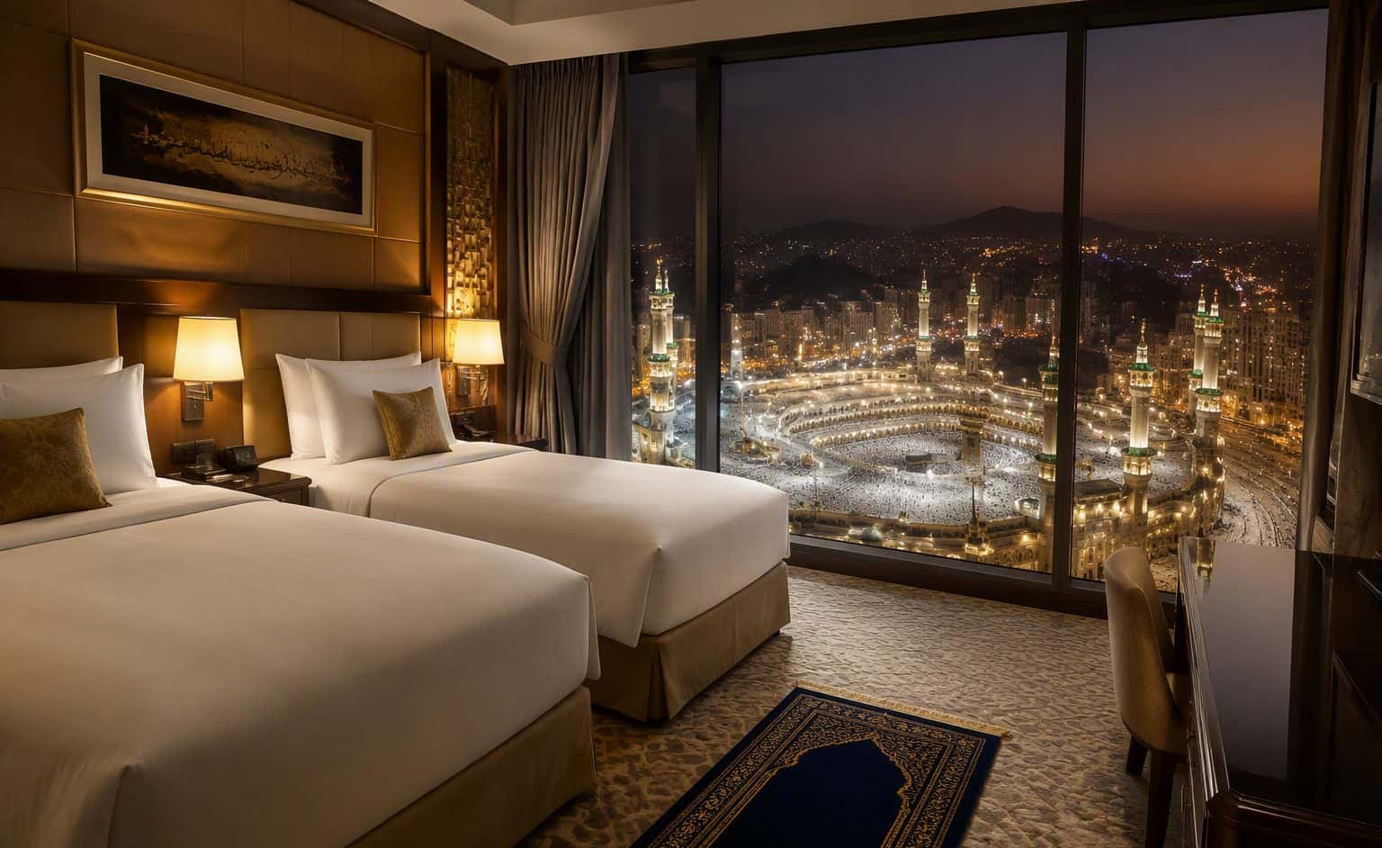 Hotel room with a direct view of Masjid al-Haram at dusk