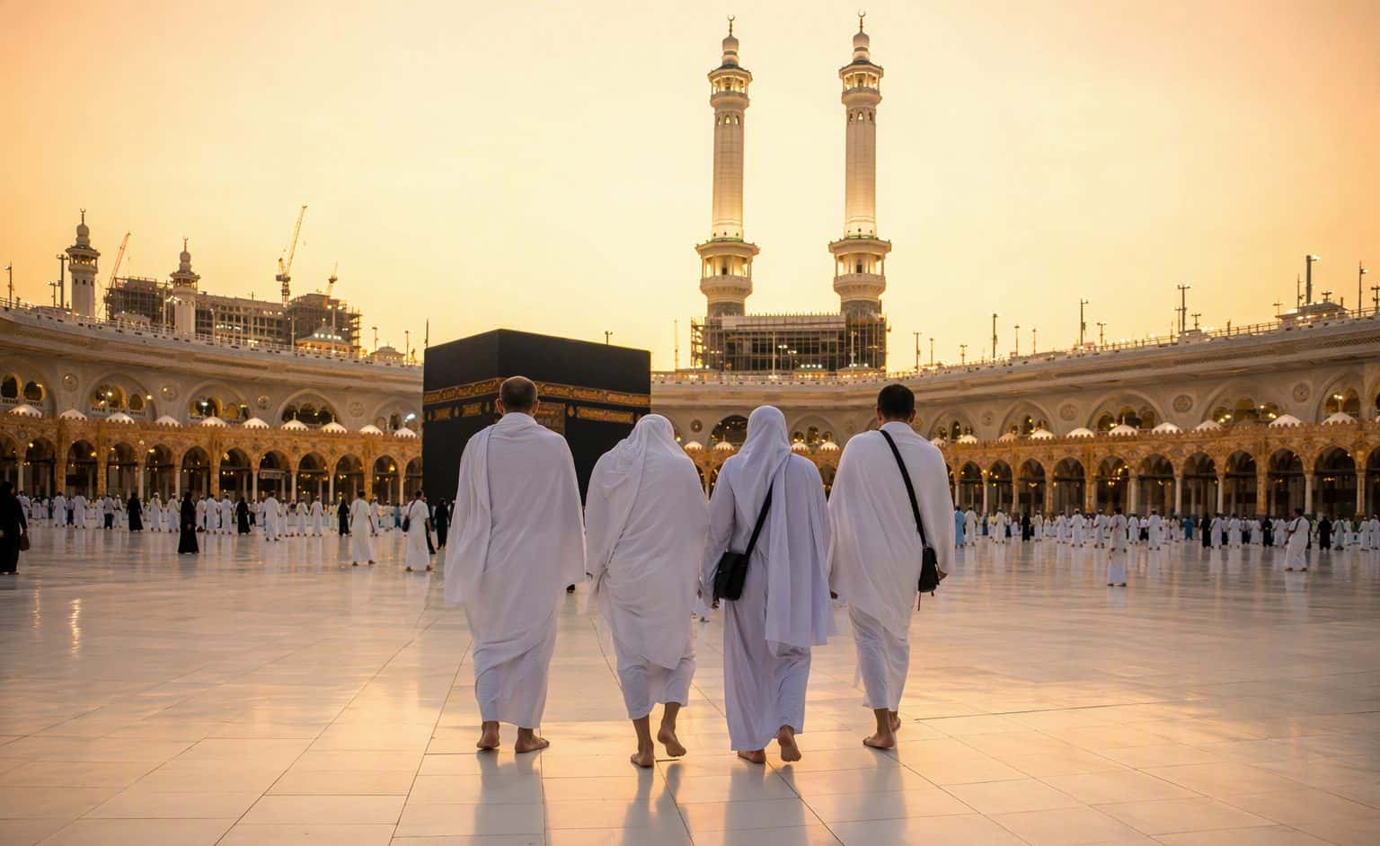 Pilgrims in ihram walking through the courtyard of Masjid al-Haram at dawn